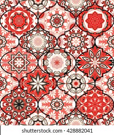 Vector ethnic colorful bohemian pattern in gray red colors with big abstract flowers. Geometric background with Arabic, Indian, Moroccan, Aztec motifs. Ornate print with mandalas within clipping mask
