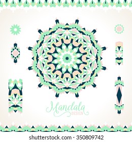 Vector ethnic colorful bohemian round ornament in mint colors with borders. Abstract flower or modern mandala with stars, triangles. Geometric background with Arabic, Indian, Moroccan, Aztec motif 