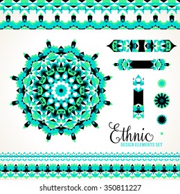 Vector ethnic colorful bohemian round ornament in bright colors with borders. Abstract flower or modern mandala with stars, triangles. Geometric background with Arabic, Indian, Moroccan, Aztec motif 