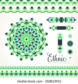 Vector ethnic colorful bohemian round ornament in green colors with borders. Abstract flower or modern mandala with stars, triangles. Geometric background with Arabic, Indian, Moroccan, Aztec motif 