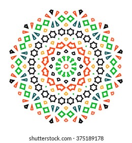 Vector ethnic colorful bohemian round ornament in bright colors. Big abstract flower or mandala with stars, triangles. Geometric boho background with Arabic, Indian, Moroccan, Aztec motifs. 