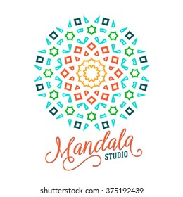 Vector ethnic colorful bohemian round ornament in bright colors. Big abstract flower or mandala with stars, triangles. Geometric boho background with Arabic, Indian, Moroccan, Aztec motifs. 