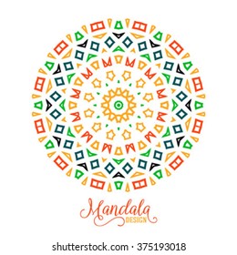 Vector ethnic colorful bohemian round ornament in bright colors. Big abstract flower or mandala with stars, triangles. Geometric boho background with Arabic, Indian, Moroccan, Aztec motifs. 