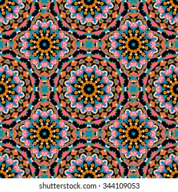 Vector ethnic colorful pattern in bright colors with big abstract flowers and suns. Geometric background with Arabic, Indian, Moroccan, Aztec motifs. Bold print with stars, mandalas, triangle, polygon