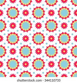 Vector ethnic colorful pattern in bright colors with small abstract flower and sun. Geometric background with Arabic, Indian, Moroccan, Aztec motifs. Bold print with stars, mandalas, triangle, polygon