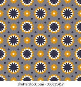 Vector ethnic colorful pattern in bright colors with small abstract flowers and sun. Geometric background with Arabic, Indian, Moroccan, Aztec motif. Bold print with stars, mandalas, triangle, polygon