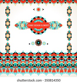 Vector ethnic colorful set of design elements for bohemian decor in bright colors with borders, frames. Abstract flowers with stars, triangles. Geometric background with Arabic, Indian, Aztec motif 