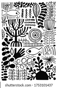 Vector ethnic Composition with tribal african symbols. Naive Style Print