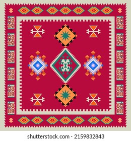 vector ethnic cultural ornaments, motives folk symbols, Abstract Colorful Geometric Pattern for fabric,carpet . Ornament With Decorative Frame, Border.