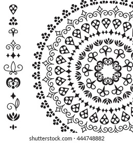 Vector ethnic design elements and rounded pattern from these elements, you can combine them to create your own brushes or patterns, black and white version