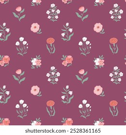 Vector ethnic ditsy botanical seamless pattern. Classical vintage bouquet on cherry color background. Floral elegance print design for fabric , wallpaper or wrapping paper.