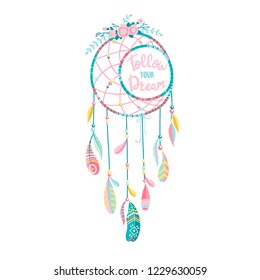 Vector ethnic dream catcher with feathers and flowers. Modern romantic hand-drawn boho style. Lettering. Follow your Dream