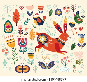 Vector ethnic easter pattern with hare and decorative floral elements