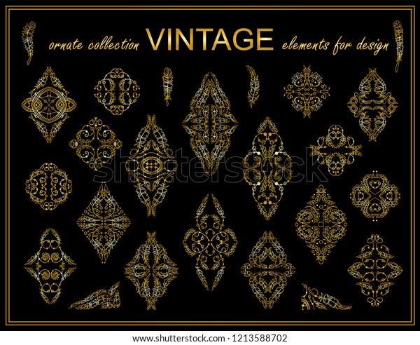 Vector\
ethnic elements for design. Ornate stars, squares and triangles for\
logo, emblem, label, divider. Boho-style feathers, tribal beads\
sketch collection. Premium gold and black\
colors