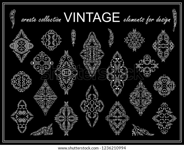 Vector ethnic elements for design. Ornate stars,\
squares and triangles for logo, emblem, label, divider. Boho-style\
feathers, tribal beads sketch collection. Chalkboard style, black\
and white colors