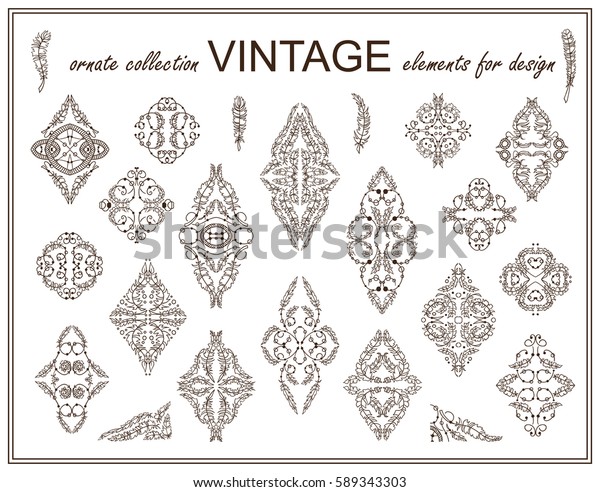 Vector ethnic elements\
for design. Ornate stars, squares and triangles for logo, emblem,\
label, divider. Boho-style feathers, tribal beads sketch\
collection. Classic design\
