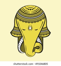 Vector Ethnic elephant. Hamsa hand and the elephant image. ?and of Fatima, vector illustration