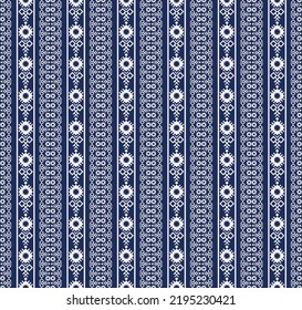 Vector ethnic embroidery white geometric stripes seamless pattern on blue color background. Surface pattern design. Use for fabric, textile, interior decoration elements, upholstery, wrapping.