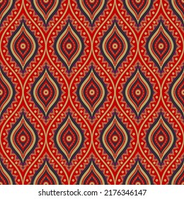 Vector ethnic flower in ogee shape red-gold color seamless background. Embroidery oriental surface pattern design. Use for fabric, textile, interior decoration elements, upholstery, wrapping.