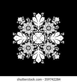 Vector ethnic flowers bouquet round ornament isolated on black background