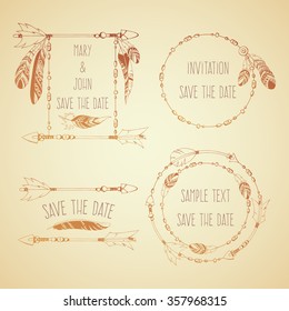 Vector ethnic frames with feathers, arrows and beads. Hipster style.