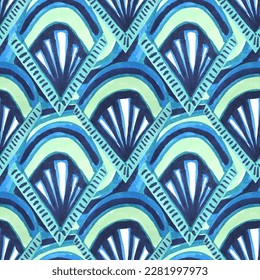 Vector ethnic geometric pattern with art deco elements in blue colors. Seamless design