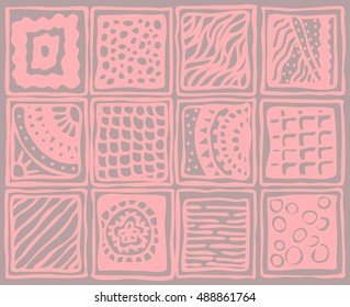 Vector ethnic geometric pattern made of repeating various square patterns drawn in scribble style. Tribal background for tile, dishes, pareo, fabric