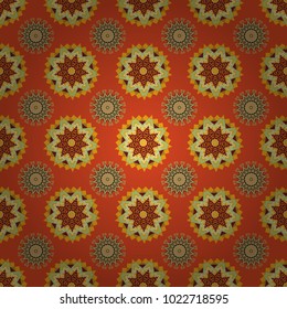 Vector ethnic geometric pattern mandalas, seamless background in traditional yellow, green and red colors, tribal folk style.