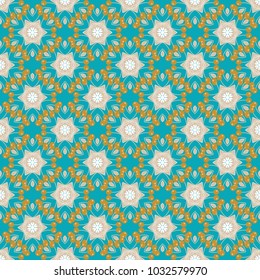 Vector ethnic geometric pattern mandalas, seamless background in traditional beige, yellow and blue colors, tribal folk style.
