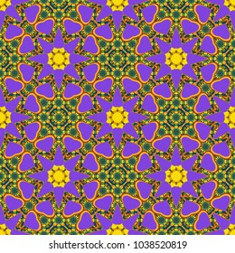 Vector ethnic geometric pattern mandalas, seamless background in traditional blue, violet and yellow colors, tribal folk style.
