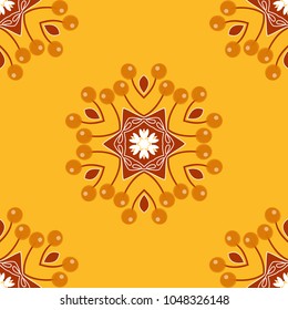 Vector ethnic geometric pattern mandalas, seamless background in traditional yellow, orange and brown colors, tribal folk style.