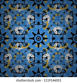 Vector ethnic geometric pattern mandalas, seamless background in traditional black, white and blue colors, tribal folk style.