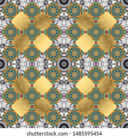Vector ethnic geometric pattern mandalas, seamless background in traditional gray, blue and yellow colors, tribal folk style.