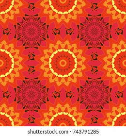 Vector ethnic geometric pattern mandalas, seamless background in traditional pink, orange and magenta colors, tribal folk style.