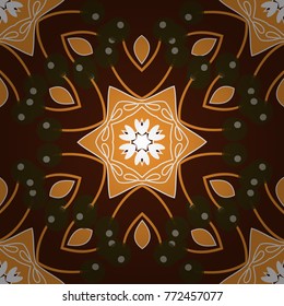 Vector ethnic geometric pattern mandalas, seamless background in traditional gray, brown and orange colors, tribal folk style.