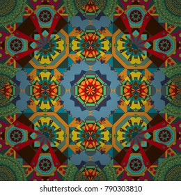 Vector ethnic geometric pattern mandalas, seamless background in traditional green, brown and blue colors, tribal folk style.