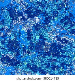 Vector ethnic geometric pattern over blue watercolor splash. Bold hand drawn chevron pattern for fashion with ethnic, tribal motif. Seamless modern grunge striped background with zigzag lines stripes