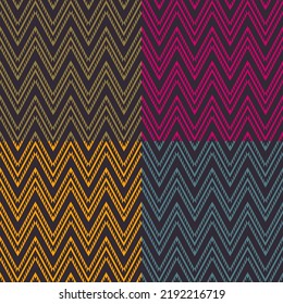El zigzag geométrico vectorial es un patrón transparente de 4 colores sobre fondo negro. Para tela, textil, elementos de decoración interior, tapicería, envoltura.
