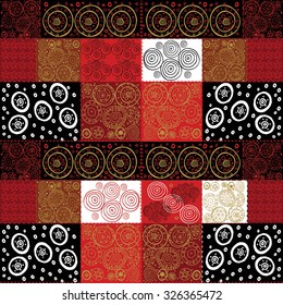 Vector ethnic hand drawn background  in  patchwork style. Black, red, gold, white colors. May be used as set of pattern.