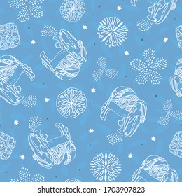 Vector ethnic hand drawn boho splashing elephant pattern on blue textured background. African tribal ornament. Tribal line art animal pattern. Surface pattern design.