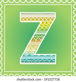 Vector ethnic hand drawn font on green background, letter Z