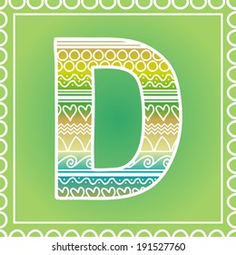 Vector ethnic hand drawn font on green background, letter D