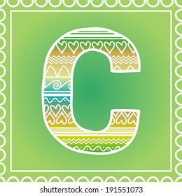 Vector ethnic hand drawn font on green background, letter C