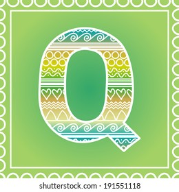 Vector ethnic hand drawn font on green background, letter Q
