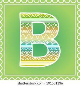 Vector ethnic hand drawn font on green background, letter B
