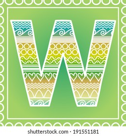 Vector ethnic hand drawn font on green background, letter W