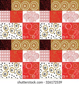 Vector ethnic hand drawn patchwork background. Black, red, gold, white colors. May be used as set of pattern.