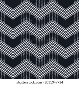 Vector ethnic ikat small geometric rhombus line chevron or zig zag shape seamless pattern blue color texture background. Use for fabric, textile, interior decoration elements, upholstery, wrapping.