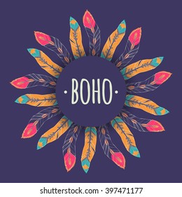 Vector ethnic illustration with feather frame in boho style. Tribal design.