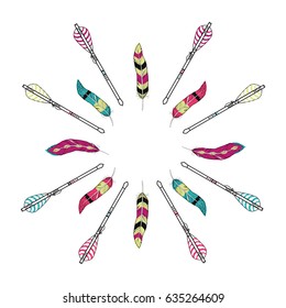 Vector ethnic illustration with frame made of feathers and arrows in boho style. Tribal design.